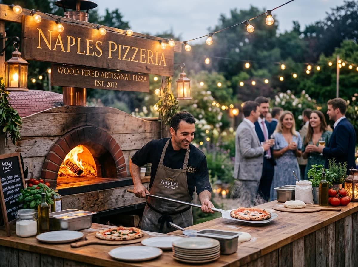 The oven under string lights at dusk, guests waiting as a pizza comes off the peel