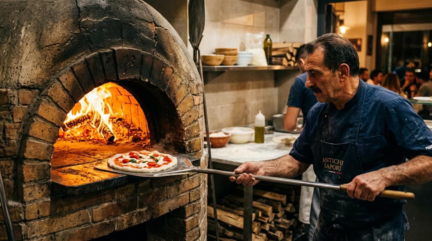 A pizzaiolo drawing a margherita from the wood-fired oven on a peel, the fire still burning inside