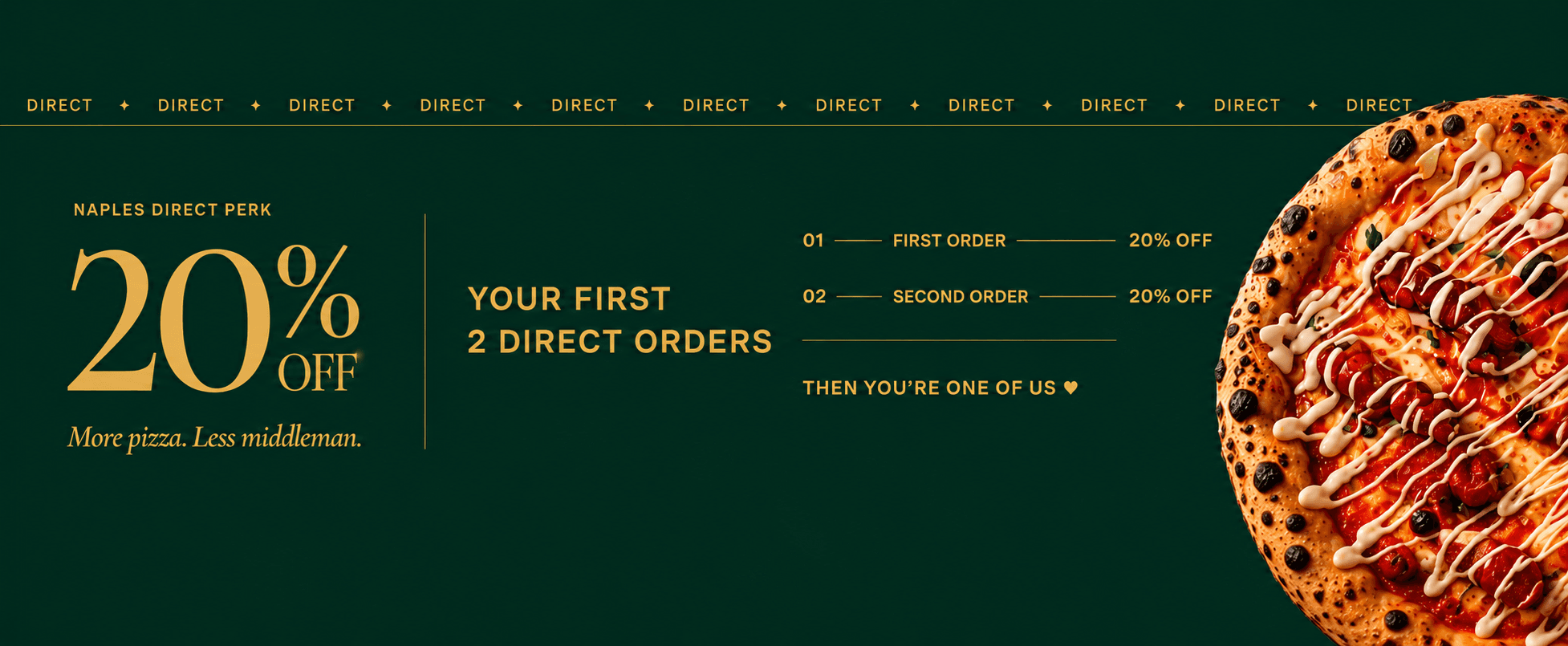 20% off your first two direct orders at Naples Pizzeria